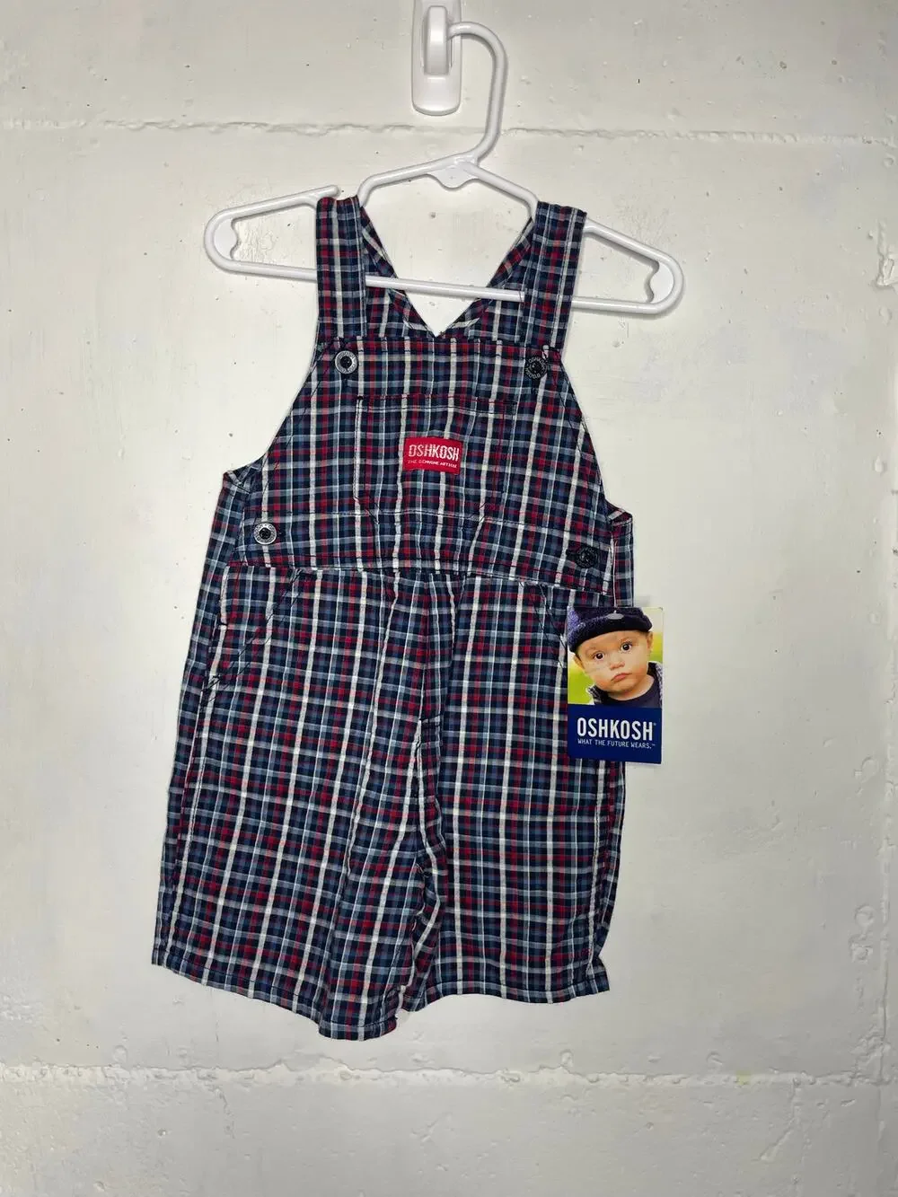 NEW Vintage Oshkosh baby Overalls Plaid Red Blue Size 12 Months